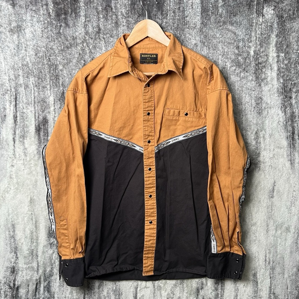 Wrangler Rustler Shirt‎ Mens XL Black Brown Western Aztec Trim Pearl Snap